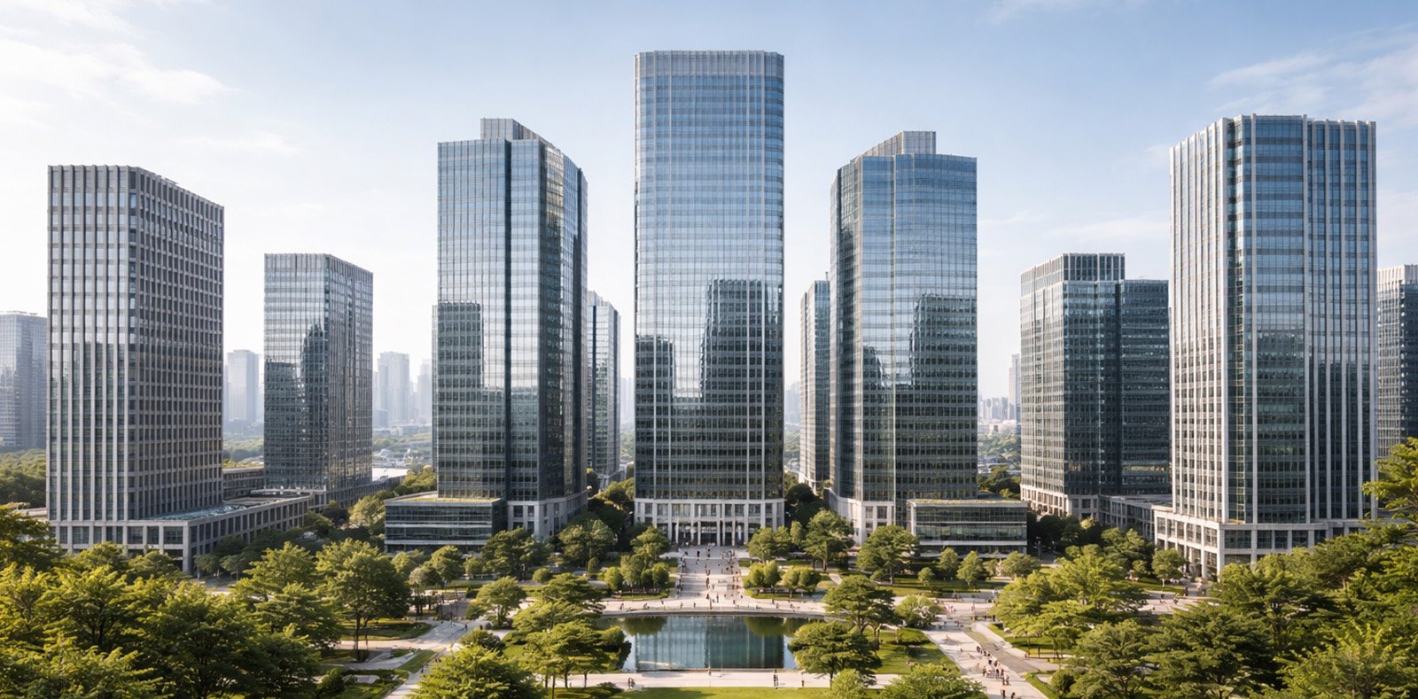 Сучасний комплекс скляних хмарочосів: масштабні інженерні проекти від JOT Solutions.