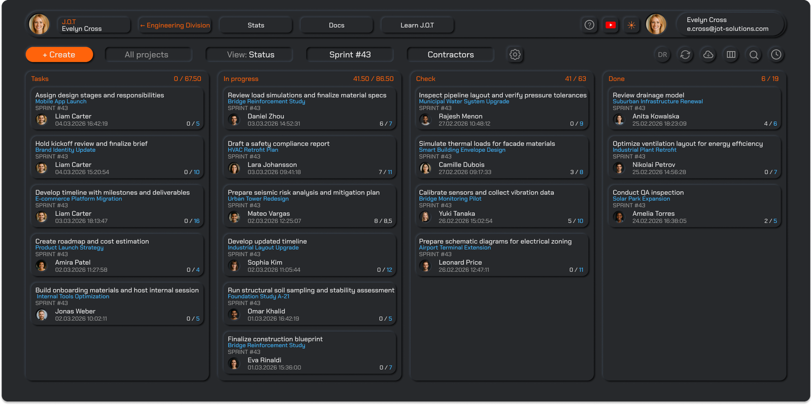 Інтерфейс J.O.T APP: платформа для управління інженерними проєктами, спринтами та командною роботою.