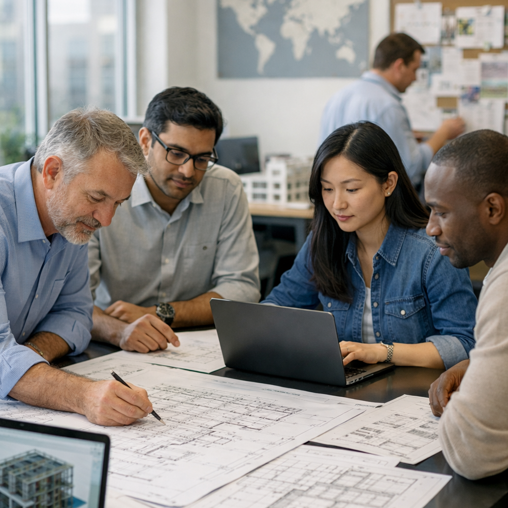 Команда інженерів JOT Solutions спільно працює над кресленнями: практичне навчання та передача досвіду.