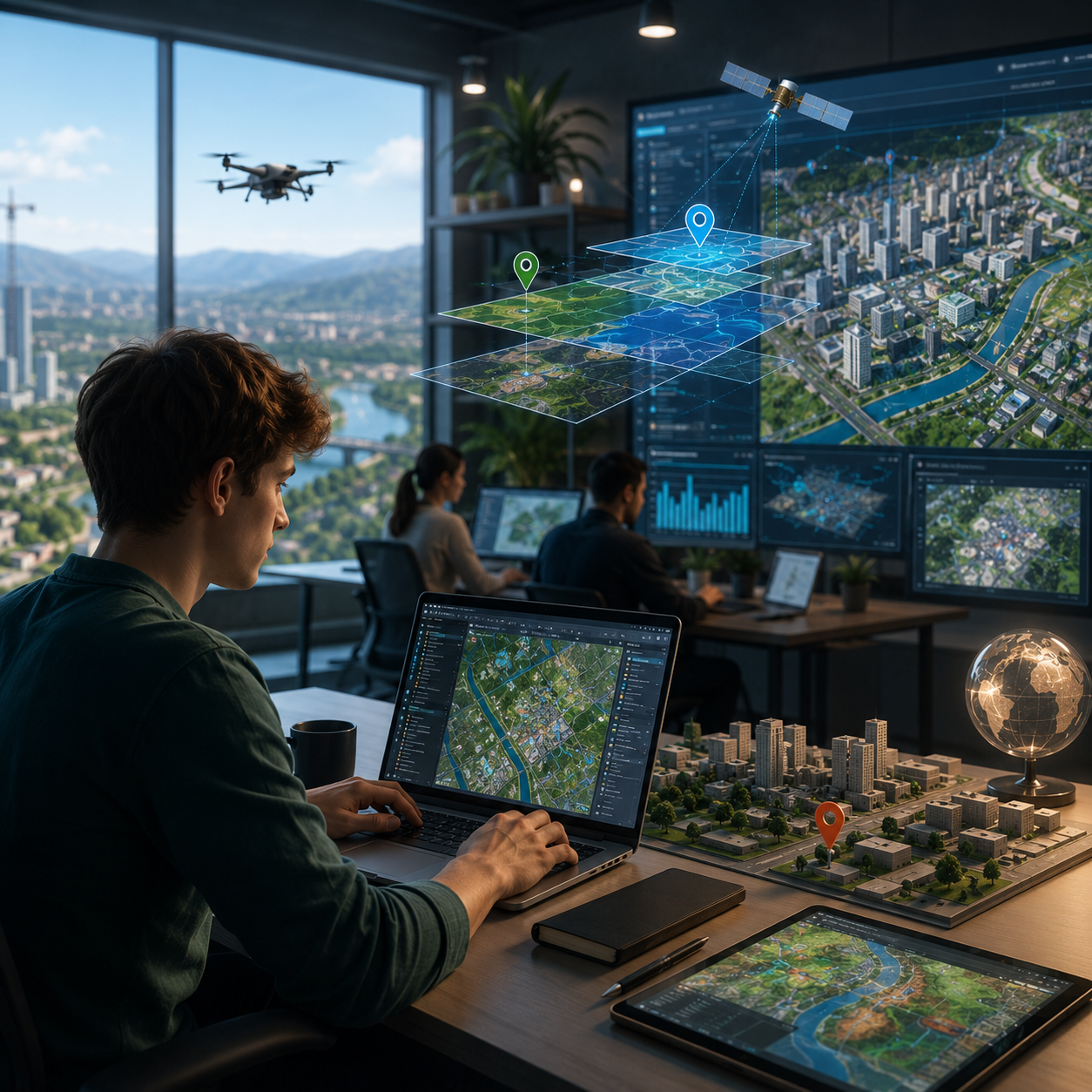 A GIS specialist works on a digital model of the city using a satellite and a drone.