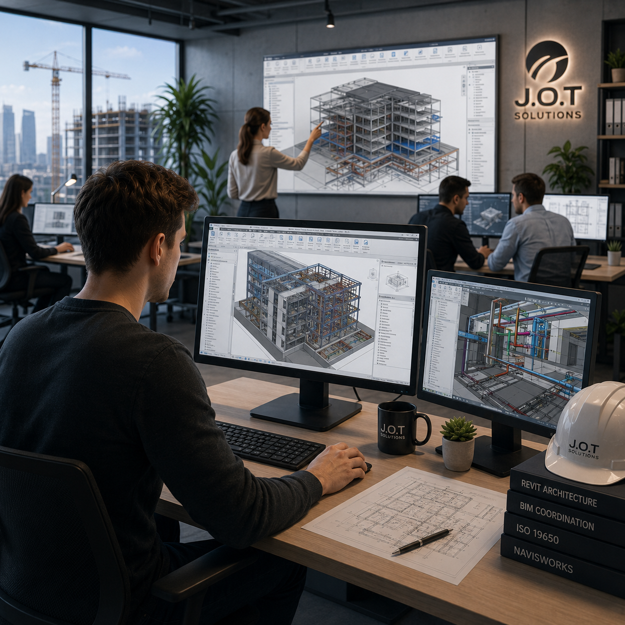 The J.O.T Solutions team of engineers is working on a BIM model of the office building.