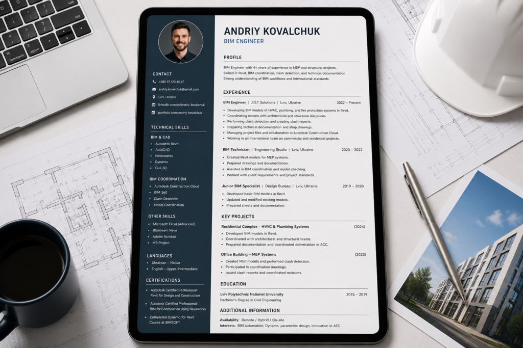 CV BIM інженера на планшеті серед креслень та інженерних матеріалів.