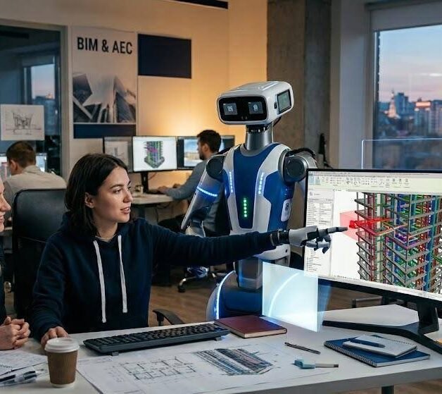 AEC professionals using VR and wide-screen displays for Global AEC Sync and project coordination.