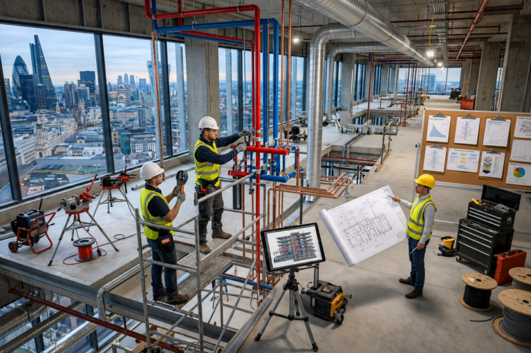 Construction workers and engineers installing complex piping systems in a high-rise building using digital BIM models and physical blueprints for guidance.