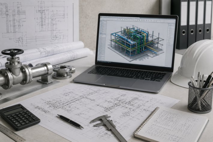 Робоче місце інженера з ноутбуком, на якому відкрита 3D-модель трубопровідної системи, поруч із кресленнями, калькулятором та штангенциркулем.