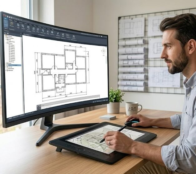 J.O.T. Solutions specialist using a digital graphics tablet for precise editing of architectural plans and GIS maps.