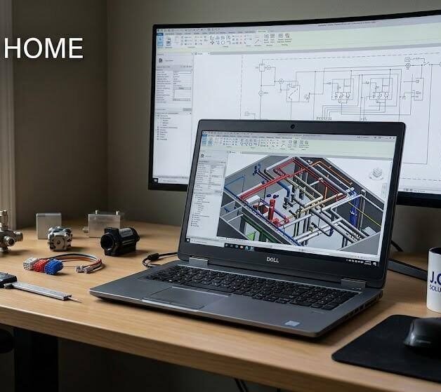 J.O.T. Solutions engineer's home office setup for MEP system design on a laptop with real component samples.