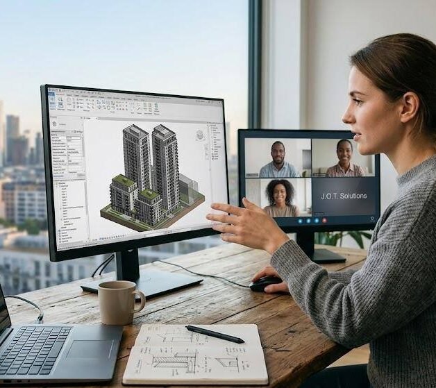 Архітектор працює віддалено над BIM-проєктом у Revit для J.O.T. Solutions.