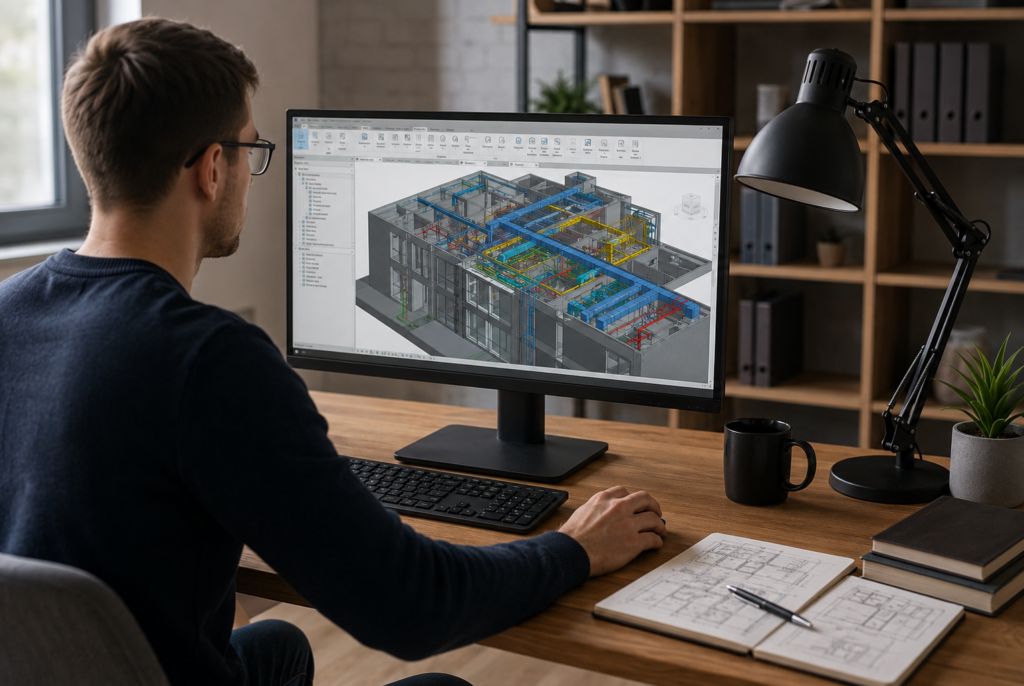Young engineer working in Autodesk Revit on a BIM building model in a modern office. Concept of learning engineering from scratch, HVAC, Plumbing, BIM workflows, and engineering career growth in 2026.