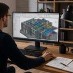 Young engineer working in Autodesk Revit on a BIM building model in a modern office. Concept of learning engineering from scratch, HVAC, Plumbing, BIM workflows, and engineering career growth in 2026.