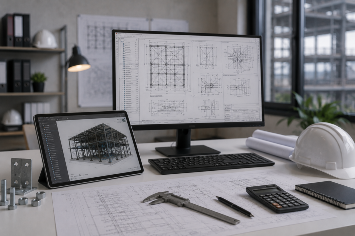 Structural engineer's workspace featuring a steel frame architectural model, blueprints on the wall, and a 3D structural analysis model on the screen.