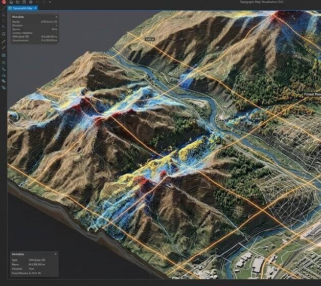 3D-візуалізація топографічної карти місцевості з аналізом рельєфу та міської забудови в ГІС-інтерфейсі.