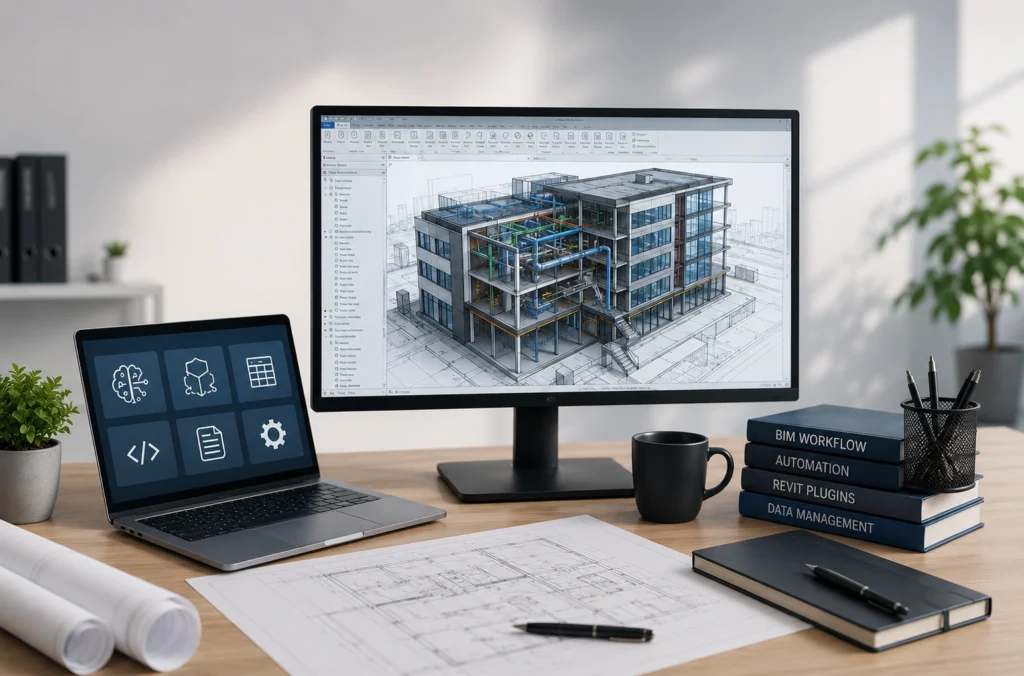 Інтерфейс Revit із BIM-моделлю та інструментами автоматизації для огляду топ-5 плагінів Revit.