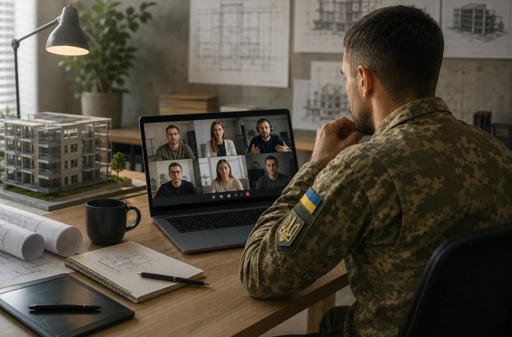 Військовий на онлайн-зустрічі в архітектурному офісі обговорює план відновлення інфраструктури.