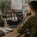 Військовий на онлайн-зустрічі в архітектурному офісі обговорює план відновлення інфраструктури.
