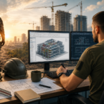 Ветеран опановує інженерну професію, розробляючи 3D BIM-модель будівлі в Revit та AutoCAD на фоні будівництва.