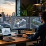 Інженер працює дистанційно над міжнародним BIM-проєктом у сучасному домашньому офісі з використанням CAD та Revit.