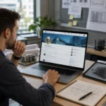 Інженер працює за ноутбуком із LinkedIn-профілем на екрані в сучасному архітектурному офісі