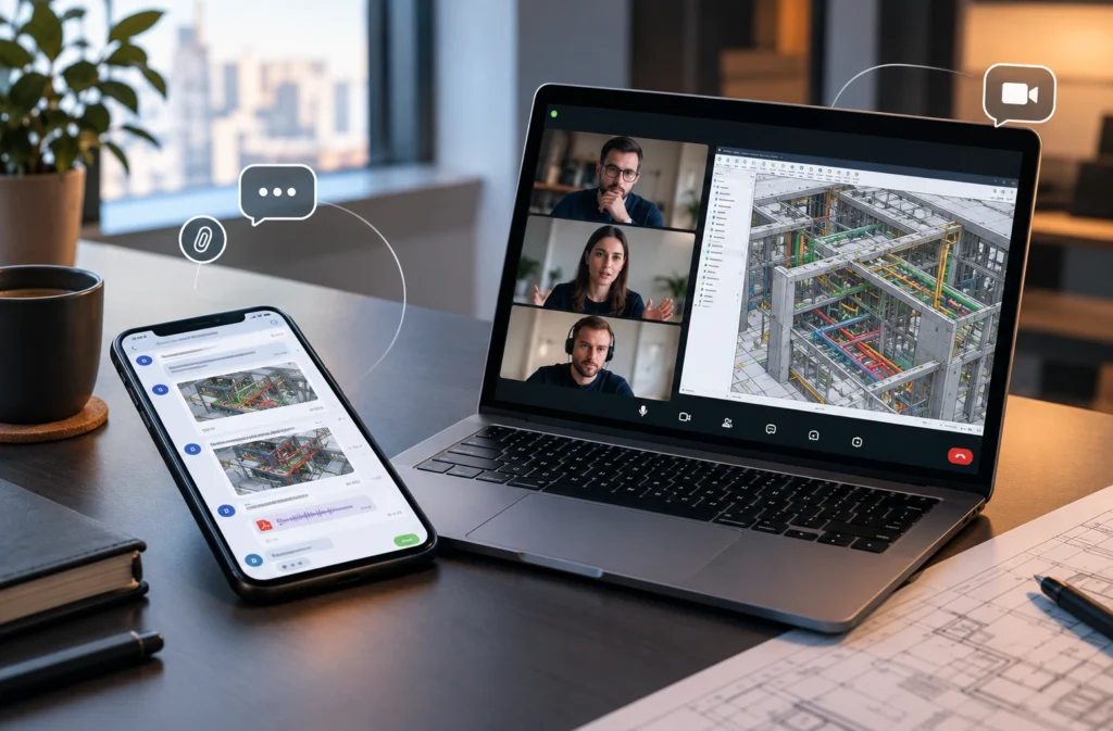 The engineering team is holding an online meeting via Zoom, discussing the BIM model and technical solutions.